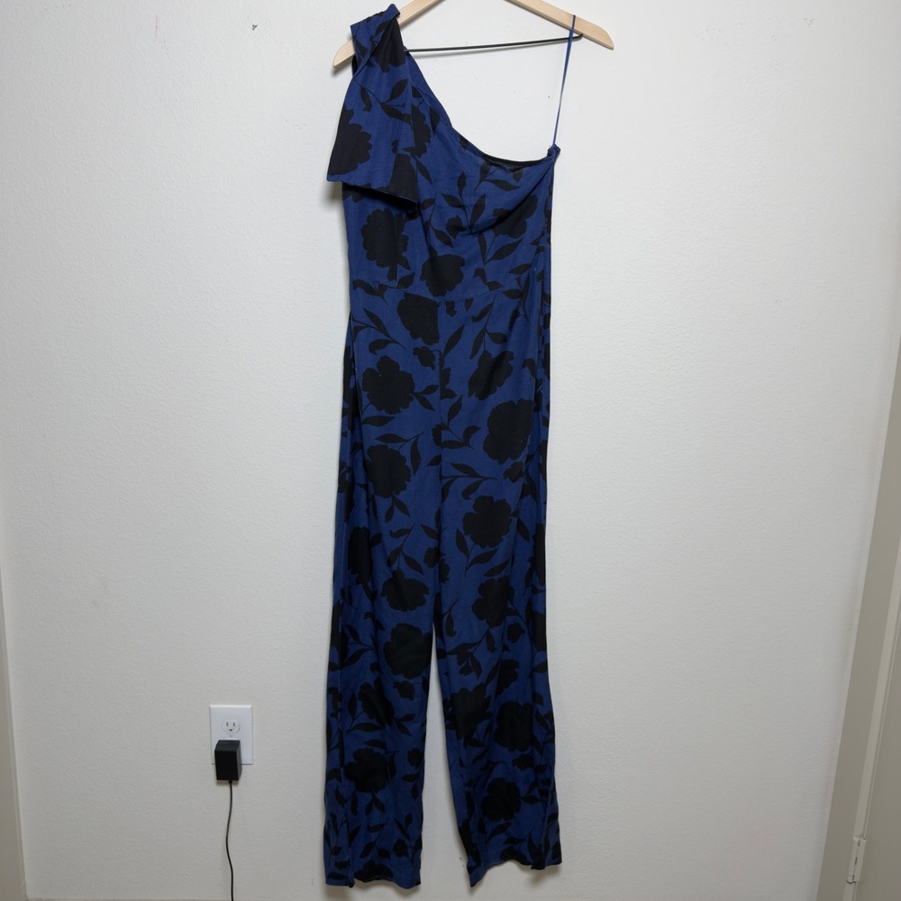 Kate Spade Women Linen‎ Jumpsuit 8 Blue Black Floral One Shoulder Wide Leg - Picture 2 of 11